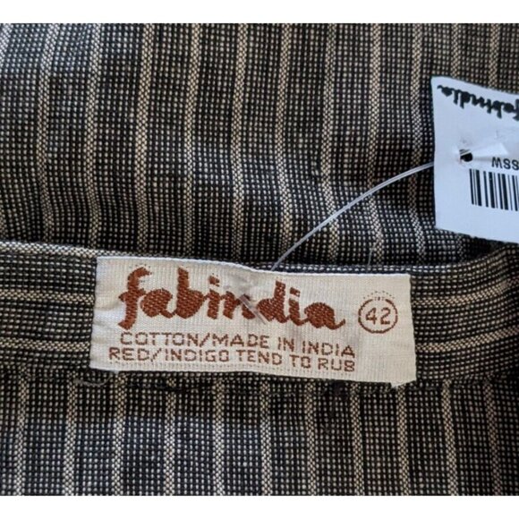 New Kurta Shirt Men 1/3 Button Up Brown 100% Cotton Striped Cuffless Long Sleeve - Picture 8 of 11